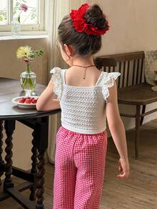 LMoss Kids White Casual Vacation Home Patchwork Embroidery Lace Trim Fitted Short T-Shirt,Kids - White - View 2