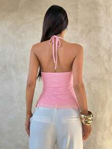 Aloruh 女士夏季新款荷叶边吊带背心，优雅多层荷叶边装饰挂脖系带修身吊带背心 - 黃色 - 查看 3