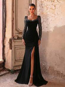 Aureia 优雅浪漫黑色心形领长袖薄纱奢华串珠拼接高弹力褶皱腰部鱼尾连衣裙，适合婚礼、派对、庆典、正式场合、晚礼服（精致设计） - 黑色 - 查看 2