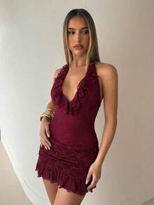 Aloruh 女士Y2K风格紧身荷叶边迷你连衣裙，带衬里，系带领口，多层下摆，防止走光，修身迷你连衣裙 - 酒紅色 - 查看 5