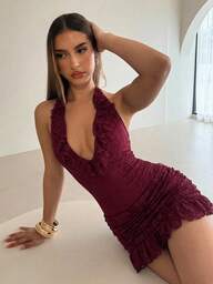 Aloruh Vestido mini ajustado con volantes y forro interior para mujer, con cuello de lazo y bajo con capas, que evita que se vea de talla grande, vestido mini entallado