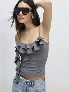INAWLY Women's Casual Fitted Ruffle Strap Camisole Top, Summer - Apricot - View 3