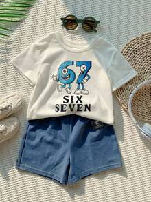 SHEIN 2pcs/Set Baby Boy/Girl Casual Cute Crayon Animal Print Loose Round Neck Knit Top T-Shirt And Shorts Set, Suitable For Spring/Summer Wear - Multicolor - View 4