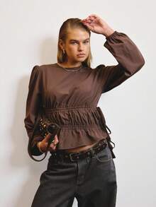 SHEIN Aralina-E Textured Lightweight Woven Fabric Elastic Waist Puff Sleeve Relaxed Fit Everyday Casual Top - Coffee Brown - View 1