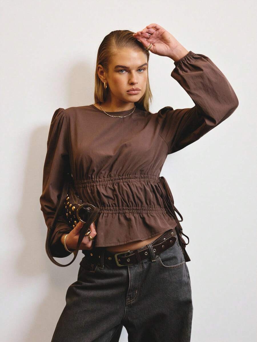 SHEIN Aralina-E Textured Lightweight Woven Fabric Elastic Waist Puff Sleeve Relaxed Fit Everyday Casual Top - Coffee Brown - View 1