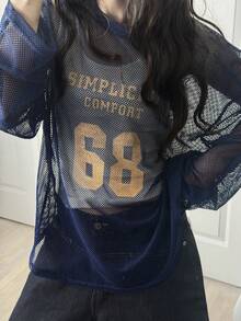 FRIFUL 纯色薄纱网眼字母数字印花叠层宽松休闲百搭上衣 春季长袖上衣 女款 - 藏蓝色 - 查看 6