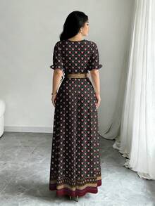 Modelyn Đầm nữ họa tiết hoa và hoa văn retro, cổ tròn, tay ngắn, dáng ôm eo, thích hợp cho mùa xuân/hè. - Nhiều màu - Xem 2