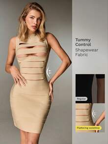 Nuvra 性感露背针织吊带纯色无袖紧身迷你连衣裙（女款） - 卡其色 - 查看 3