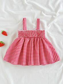 SHEIN Vintaside Kids Newborn Baby Girl Dress, Cute Resort Style Blue Plaid Floral Embroidery Cami Dress Design, Suitable For Spring/Summer Outings, Parties, Photoshoots, School, 1-9M - Red - View 2