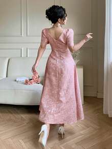 DAZY Đầm maxi nữ thanh lịch cổ vuông tay phồng đính hoa và ngọc trai giả, thích hợp cho dự tiệc cưới mùa hè. - Hồng - Xem 2