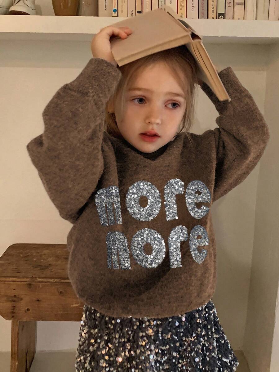 DAZY Sweater Lengan Panjang Longgar Kasual Gaya Korea dengan Kerah Bulat untuk Anak Perempuan - Coffee Brown - View 1