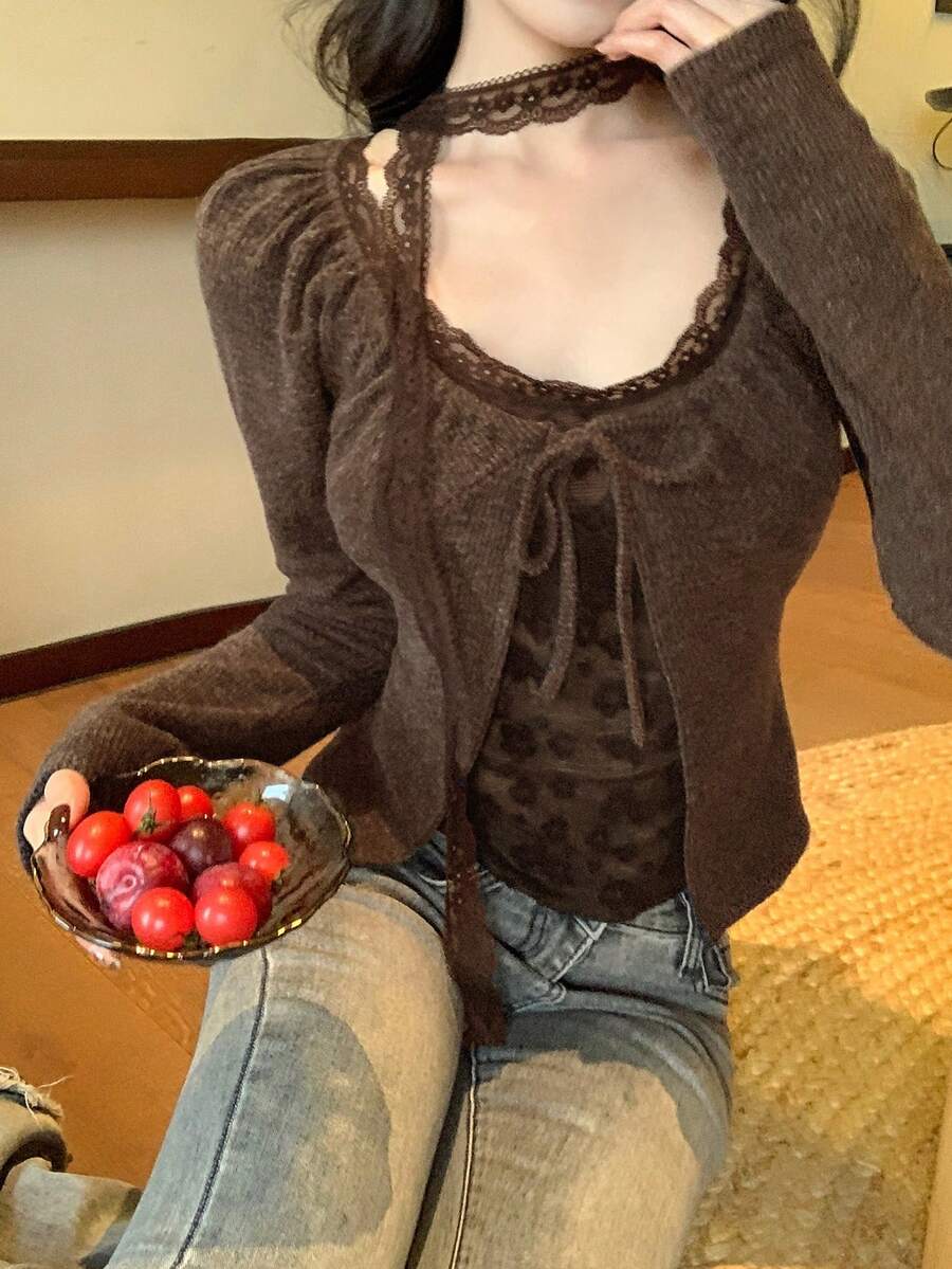 DAZY 女士蕾丝拼接系带长袖T恤，秋冬款 - 咖啡棕 - 查看 1