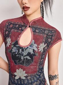 ROMWE Avant 复古中国风佛像图案抽绳女式衬衫 - 彩色 - 查看 5