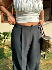 SHEIN EZwear 大码休闲褶裥阔腿裤，春夏款 - 深灰色 - 查看 5