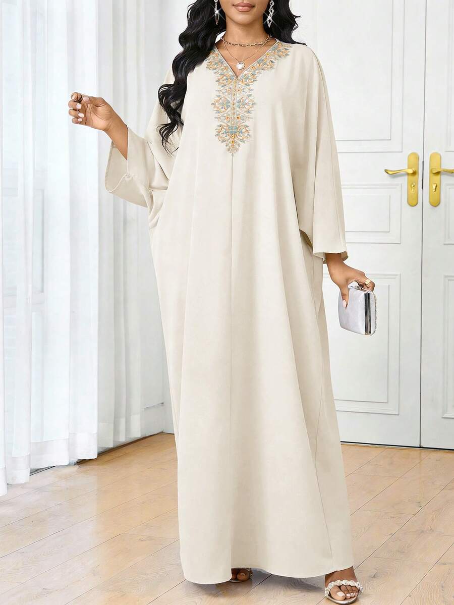 SHEIN Lady 女士花卉刺绣V领蝙蝠袖宽松优雅连衣裙 - 米色 - 查看 1