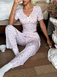 CottageSlumber Bộ đồ ngủ tay ngắn in họa tiết hoa và thỏ lãng mạn, trang trí cúc áo, dành cho nữ. - Màu Hồng baby - Xem 3