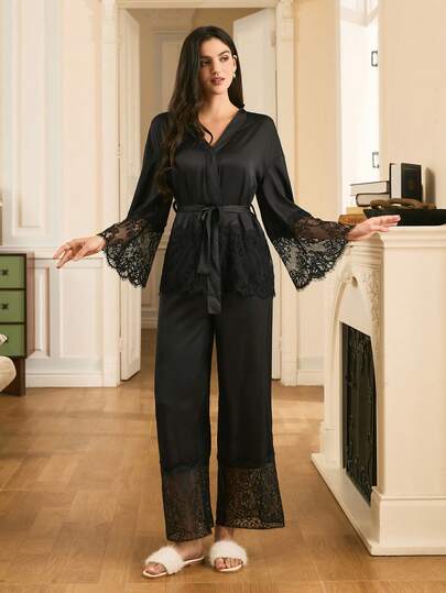 Valentine's Day Solid Color Elegant Mature Charm Lace Trim Waist Lapel Flare Sleeve Top & Wide Leg Satin Pajama Set For Women