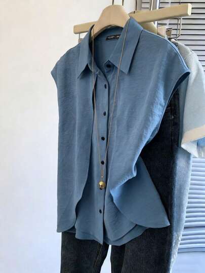 Nubod 2026 Plus Size Women's Spring Fashion Casual Minimalist Versatile Blue Sleeveless Shirt With Gathered Bust, Stand Collar And Fake Two Pieces Button-Down Design – Ideal For Spring Outfits