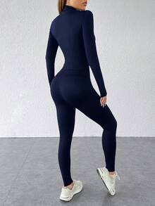 SHEIN PETITE Bộ đồ thể thao hai mảnh màu đen: Áo khoác có khóa kéo và quần legging. - Xanh đậm - Xem 3