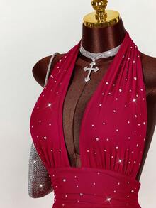 Amplova Đầm dự tiệc ôm sát không tay, hở lưng, đính đá lấp lánh - Đỏ - Xem 3