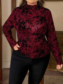 SHEIN CURVE+ 女士加大码印花透视高领网纱上衣（不含胸罩），适合都市通勤、商务休闲、办公室穿着，优雅百搭，也适合圣诞派对、新年庆祝活动，红色上衣 - 紅色 - 查看 7