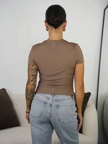 SAYEHFBABY Capped Sleeve Snatched T-Shirt Casual Summer Everyday Airport Holiday Fall Back To School Autumn Winter - Brown - View 2