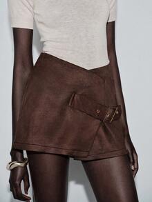 Lumivelle Brown Plain Straight Short Skirt For Women Casual Style Woven Fabric Brown Dress Elegant Skirt Spring/Summer Outfits - Brown - View 3