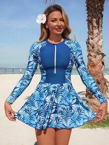 Swim Mulvari 女士夏季度假休闲沙滩装热带花叶印花拉链两件式比基尼泳衣套装