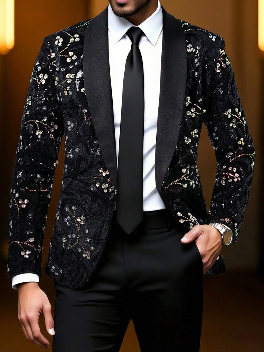 Manfinity AFTRDRK Sequin Patchwork Long Sleeve Blazer And Slant Pocket Pants Suit Set - Black - View 1