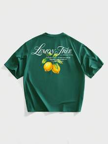 VIVINTIMO Olive Green Vacation Style Lemon Print Men's Drop Shoulder Short Sleeve T-Shirt Green Graphic Tee Lemon Tree Shirt Mens Tshirts Print On Back - Dark Green - View 1
