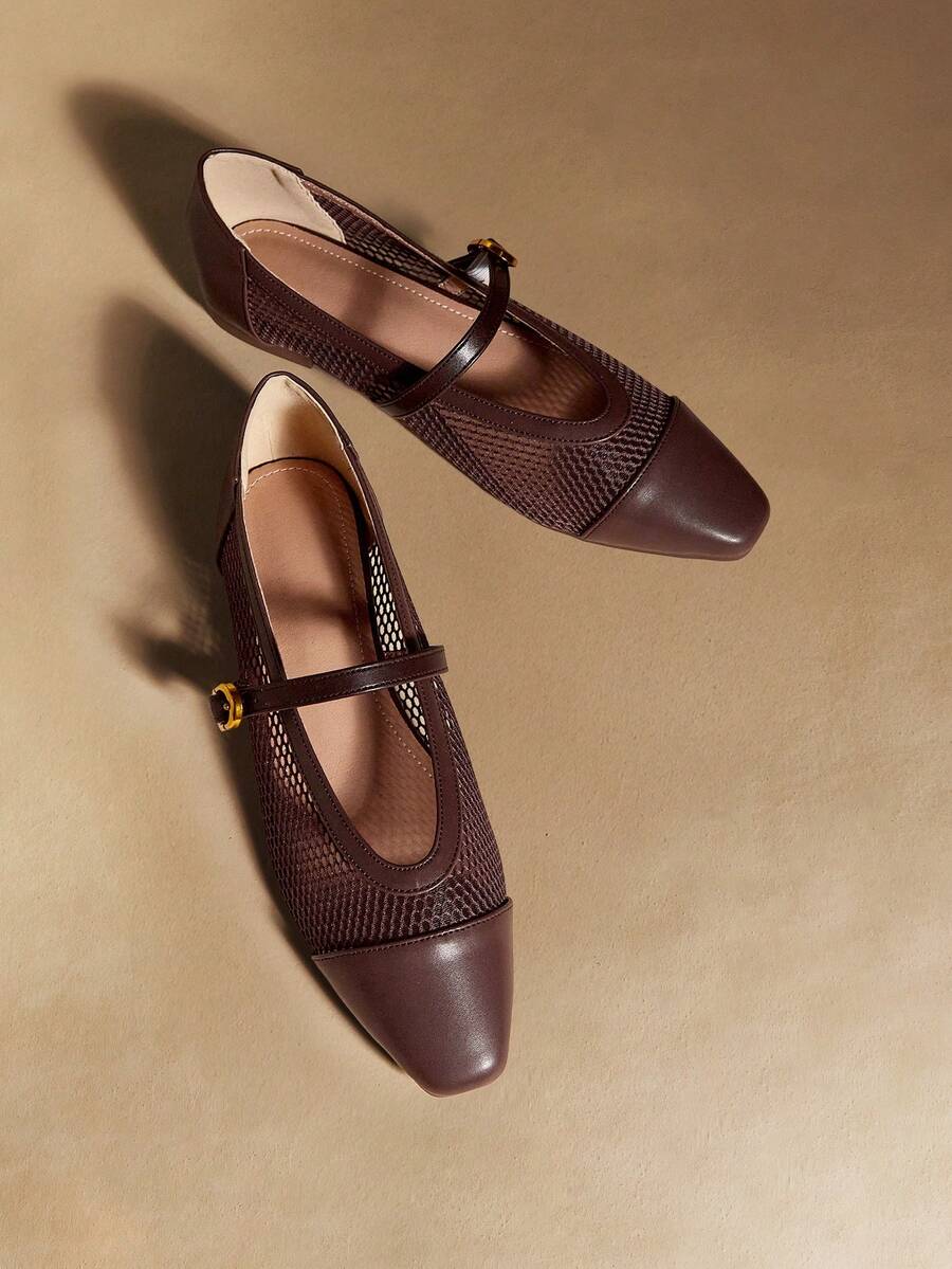 Rosivie 女士方头平底咖啡色网面透气软底玛丽珍鞋，优雅法式休闲通勤鞋 - 咖啡棕 - 查看 1
