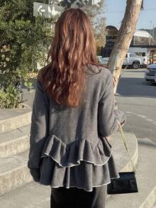 FRIFUL 女士圆领金属纽扣装饰下摆层叠荷叶边修身休闲T恤 - 灰色 - 查看 6