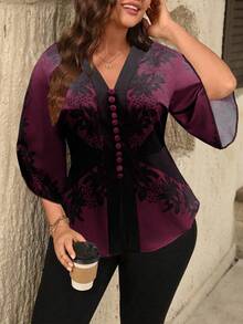 SHEIN Tall Áo kiểu nữ cổ chữ V cài nút trang trí ôm eo họa tiết tay 3/4 không đối xứng thanh lịch - Màu đỏ tím - Xem 3