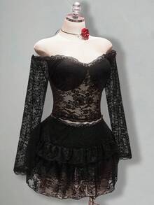 SHEIN ICON Plus Size Retro Black Autumn Formal Goth Evening Night Out Club Y2K Outfit,Off-The-Shoulder Lace Trim Semi-Sheer Long-Sleeved Top & Ruffled Skirt Set - Black - View 7