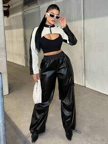 Dayanna Comas Women's Fall/Winter Streetwear Going Out Y2K Rapper Basic Athleisure Leather Black Cargo Pants - Black - View 4