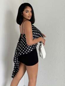 Alexandranx 女式性感露背波尔卡圆点印花系带不对称下摆吊带背心，夏季假日风格 - 黑與白 - 查看 4