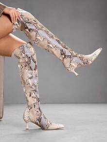 CUCCOO SZL 女士经典蛇纹过膝长靴，时尚超高跟尖头优雅简约弹力过膝长靴 - 彩色 - 查看 10