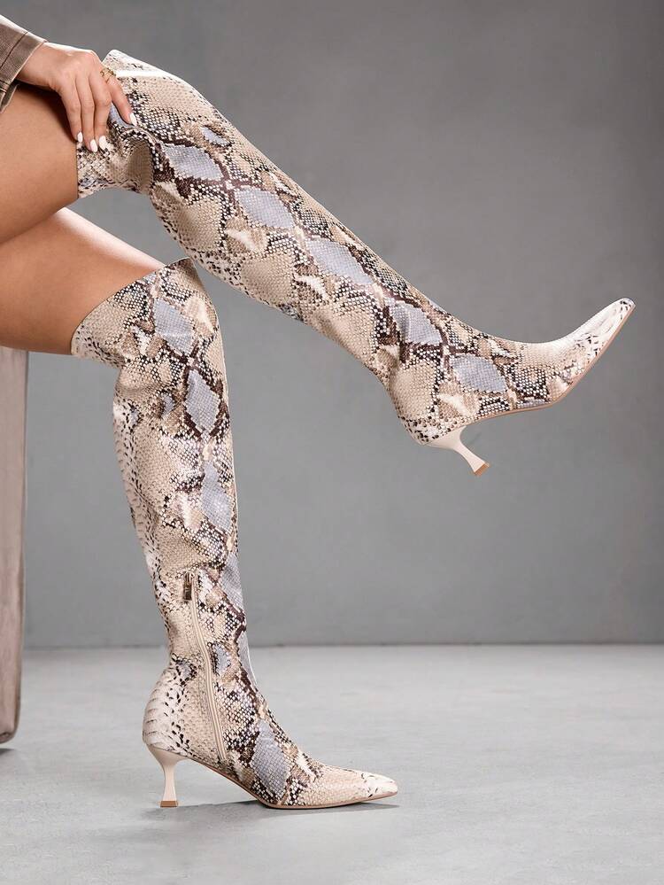 CUCCOO SZL Women's Classic Snake Skin Thigh High Boots, Fashion Super High Heel Pointed Toe Elegant Minimalist Stretch Over-The-Knee Boots Valentine's Day