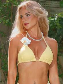 Swim Mod Áo bikini mùa hè dành cho nữ, màu trơn, họa tiết hoa 3D, kiểu buộc dây cổ, thời trang. - Màu vàng - Xem 2