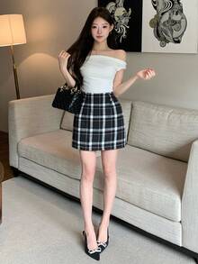 DAZY 女士格子迷你裙，春秋季休闲款 - 深灰色 - 查看 9