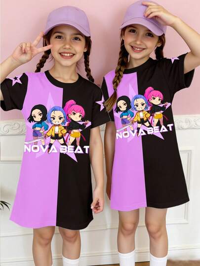 Spring, Summer & Autumn Girls' Casual Fashionable Creative Personalized Refreshing Chic Minimalist Cool Virtual Girl Group Cartoon Character Pentagram Logo Slogan Graphic Print Casual Basic Short Sleeve T-Shirt Dress, Comfortable Daily Wear, Cozy Summer & Fall Styles Suitable For Spring, Summer & Autumn Girls Tshirt Dress Girls Kids Graphic Dresses Girls Novabeat Dress Girls Anime Tshirt Dress Girls Cartoon Dress