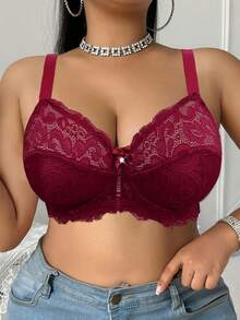 DesireSculpt 1pc Plus Size Lace Underwire Bra - Burgundy - View 7