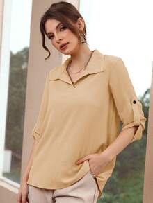 Mulvari 女士纯色翻领卷袖优雅办公衬衫，春夏款 - 杏色 - 查看 5