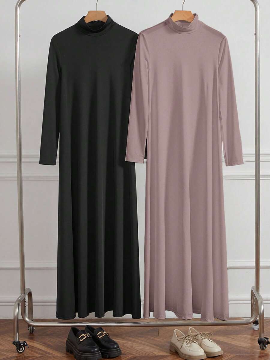 Al Najma 女士保守黑白高领针织长袖打底衫及阿巴雅长袍套装，端庄休闲T恤阿拉伯连衣裙，阿巴雅内衬连衣裙，必备基础款长裙 - 卡其色 - 查看 1