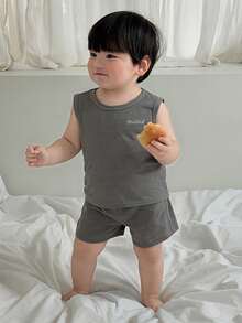 DAZY 2pcs/Set Toddler Boys' Casual Sleeveless T-Shirt And Shorts Set, Loungewear - Grey - View 3