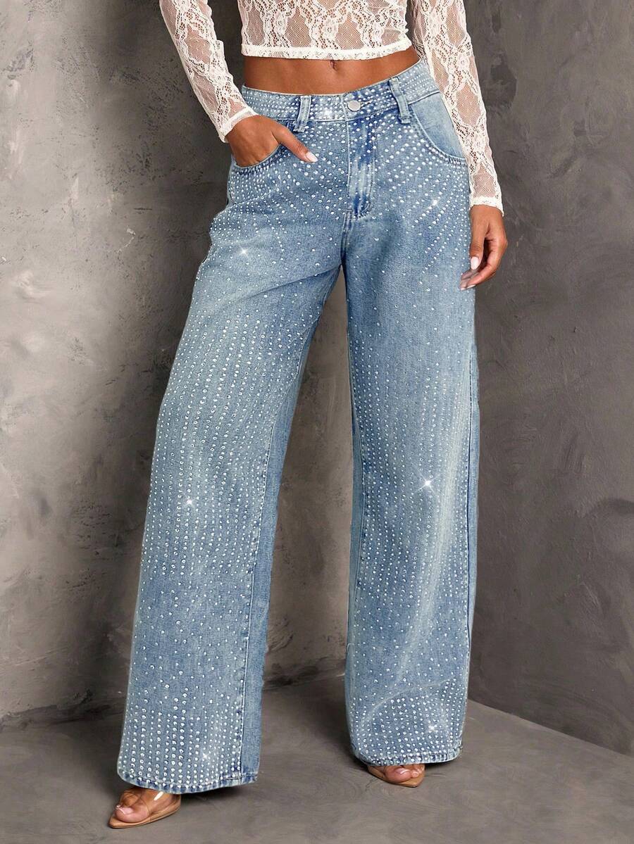 SHEIN BAE Women's Fashionable Rhinestone Embellished Loose Pocket Jeans - Light Wash - View 1