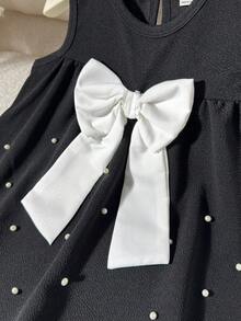 Girls' Black Sleeveless Elegant Beaded Contrast Ruffle Hem Party Dress - Black and White - View 4