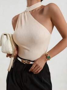 Franclia Women's Elegant Asymmetric Neckline Sleeveless Tank Top, Solid Color Ribbed Top - Apricot - View 4