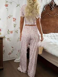 CottageSlumber Bộ đồ ngủ tay ngắn in họa tiết hoa và thỏ lãng mạn, trang trí cúc áo, dành cho nữ. - Màu Hồng baby - Xem 2