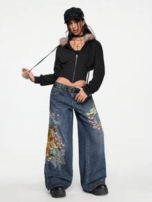 ROMWE Grunge Punk 男女皆宜的复古街头风中国虎纹花卉刺绣宽松阔腿牛仔裤 - 藍色 - 查看 7